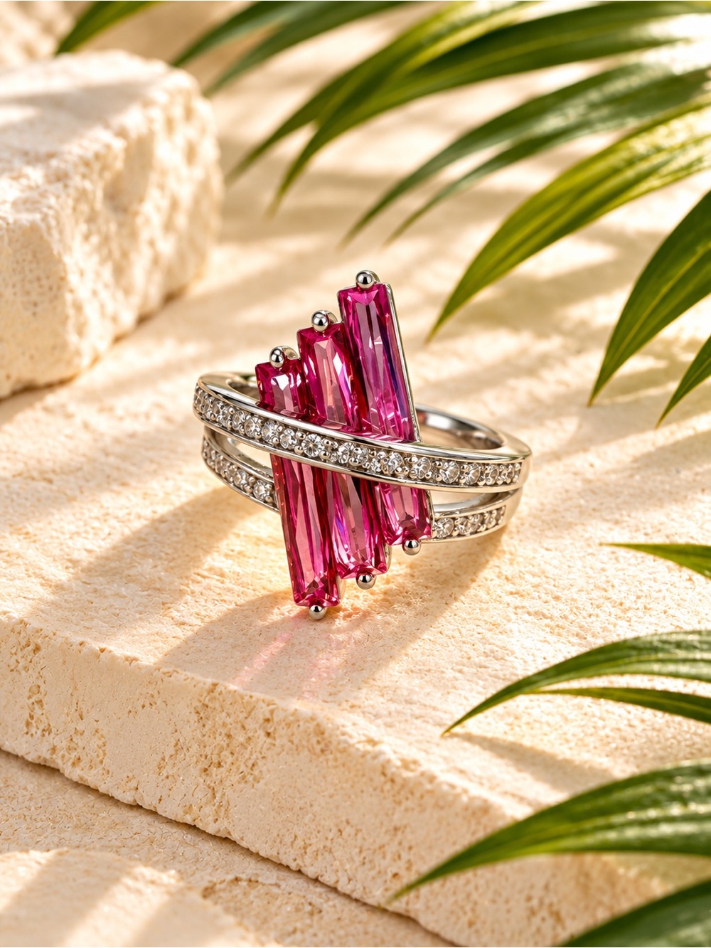 🆕sterling Silver Pink Baguette Cubic Ring with Pavé Bands